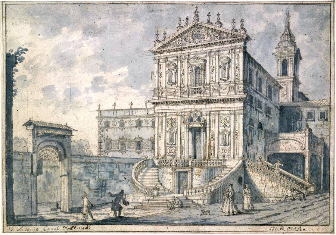 Canaletto:  [ca. 1720] - #14 - The Church of SS Domenico e Sisto, Rome - Drawing - Pen and brown ink, with grey wash, over black chalk - British Museum, London - Enhanced version