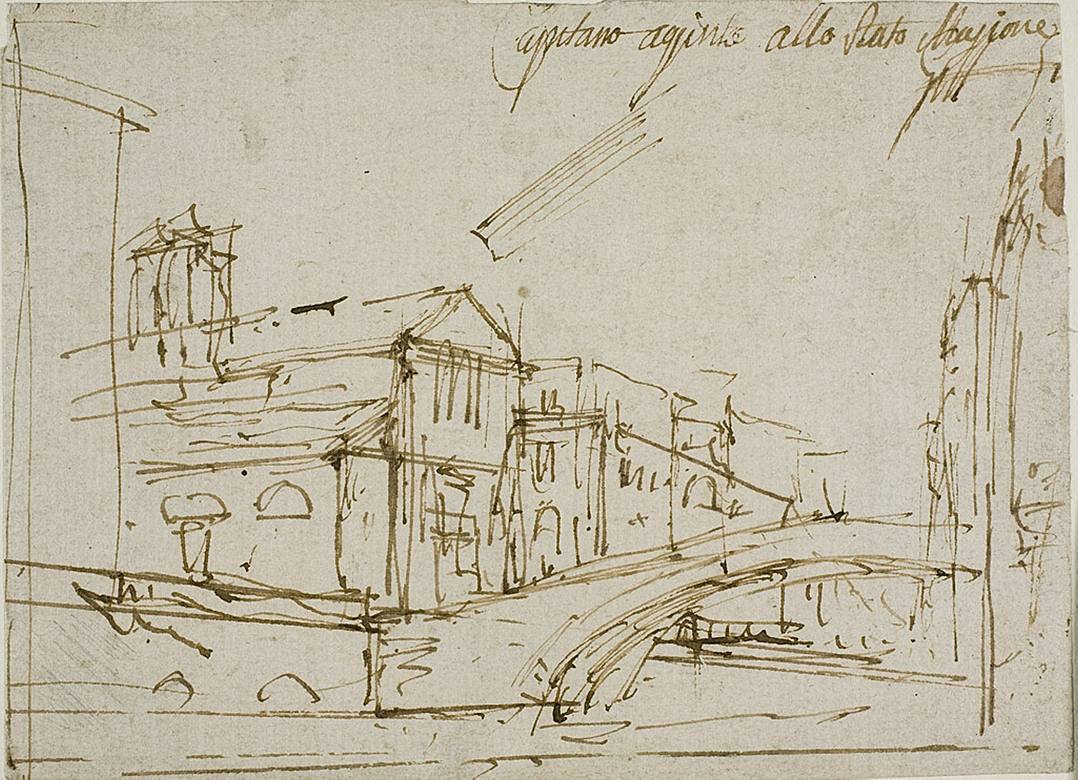 Canaletto:  [ca. 1720] - A Bridge Near a Church in Venice - Drawing - Pen and brown ink, on ivory laid paper - Art Institute Chicago