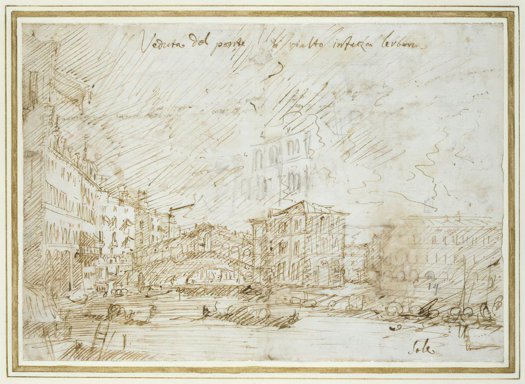Canaletto:  [ca. 1725] - Veduta del Ponte di Rialto (The Grand Canal near the Ponte del Rialto) - Drawing - Pen and brown ink with red and black chalk on paper - Ashmolean Museum, Oxford