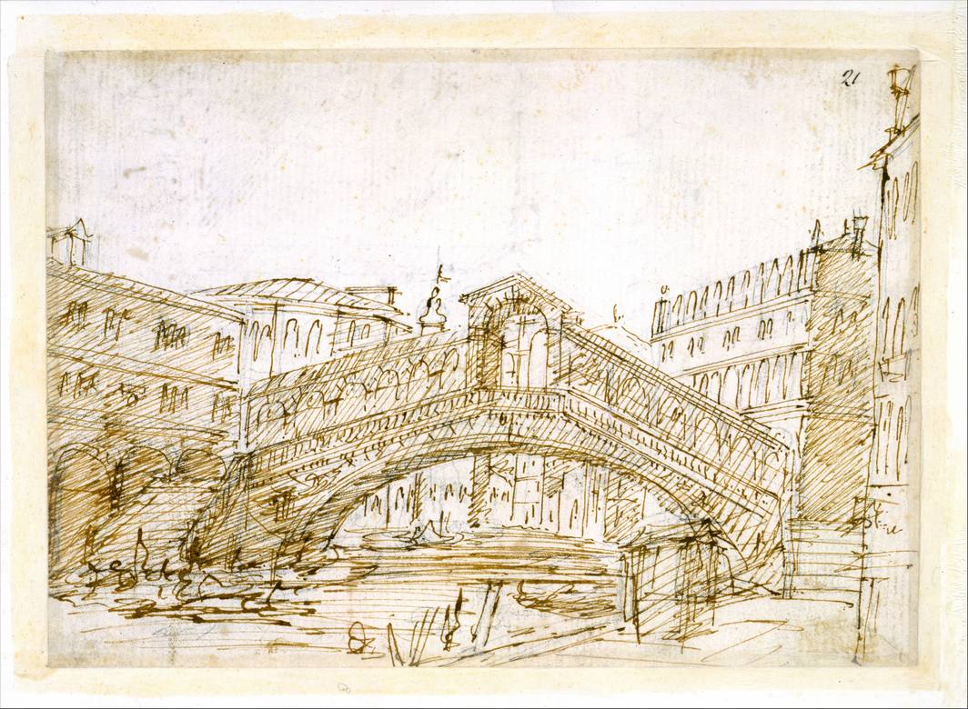 Canaletto:  [ca. 1727-29] - The Grand Canal, with the Rialto Bridge from the South - Drawing - Pen and brown ink, over traces of graphite - Metropolitan Museum of Art, New York