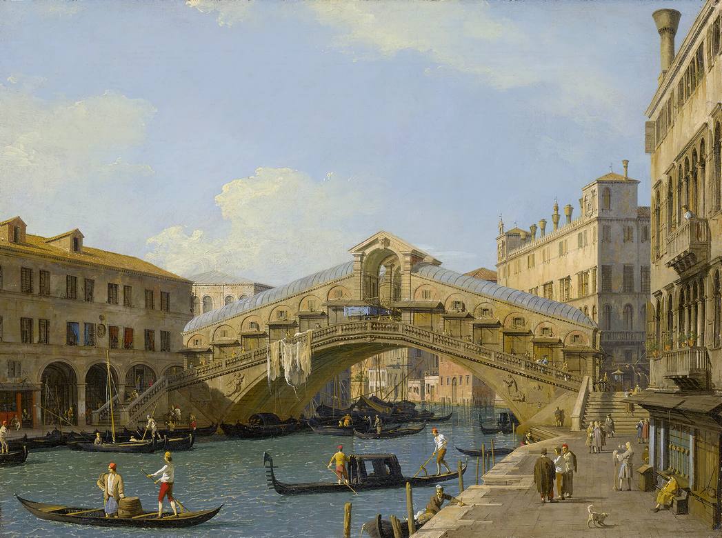 Canaletto:  [1729-30] - A view of the Grand Canal looking towards the Rialto Bridge - Oil on canvas - Private Collection