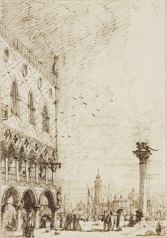 Canaletto:  [ca. 1730-5] - Recto - Venice - The Piazzetta looking towards San Giorgio Maggiore - Drawing - Pen and ink, over free and ruled pencil and pinpointing - Royal Collection Trust, RCIN 907442