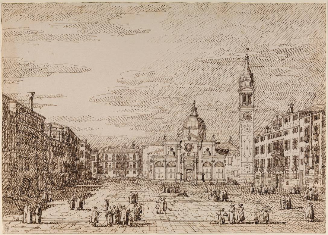 Canaletto:  [ca. 1735-40] - Venice - Campo Santa Maria Formosa - Drawing - Pen and ink, over free and ruled pencil and pinpointing - Royal Collection Trust, RCIN 907479