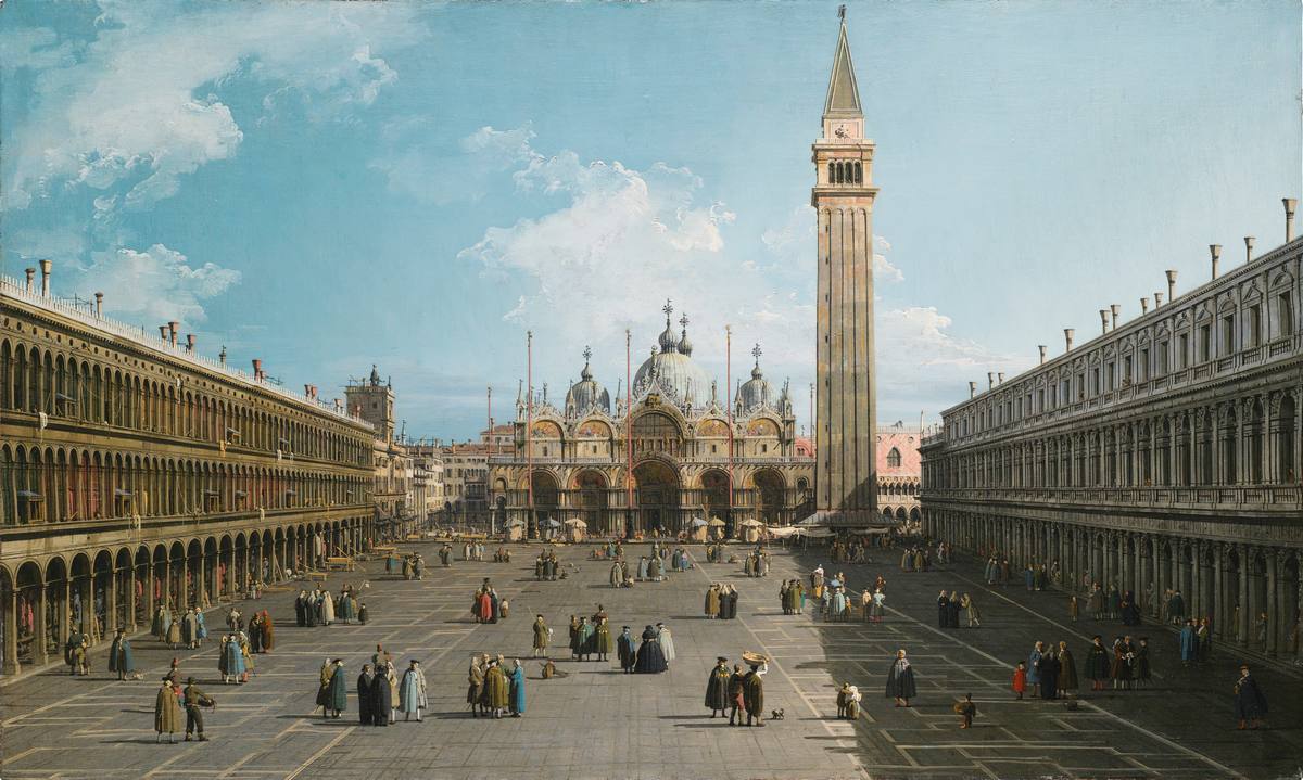 Canaletto:  [1738-39] - Venice - A view of Piazza San Marco looking East towards the Basilica - Oil on canvas - Private Collection