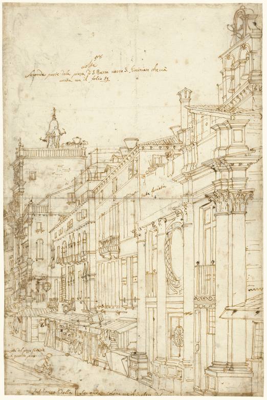 Canaletto:  [ca. 1740] - The Campo San Basso - The North Side with the Church - Drawing - Pen and brown ink, over black chalk - The J.Paul Getty Museum, Los Angeles