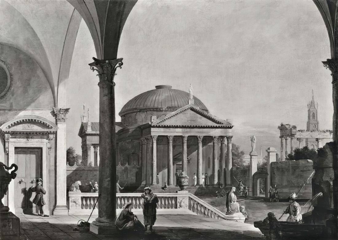 Canaletto:  [ca. 1745-55] - Veduta di fantasia con architetture di Vicenza e Roma - Oil on canvas - Private Collection, Italy - B/W image - only available