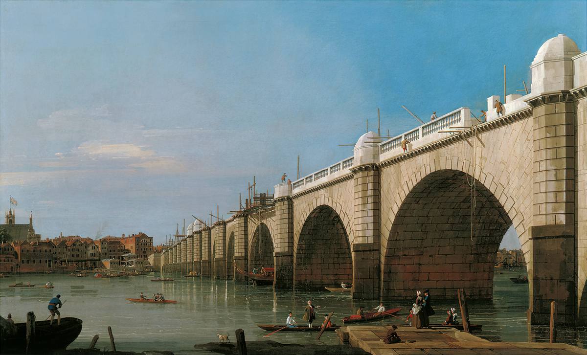 Canaletto:  [1747] - Westminster Bridge Under Construction from the South-East Abutment - Oil on canvas - Private Collection, Duke of Northumberland