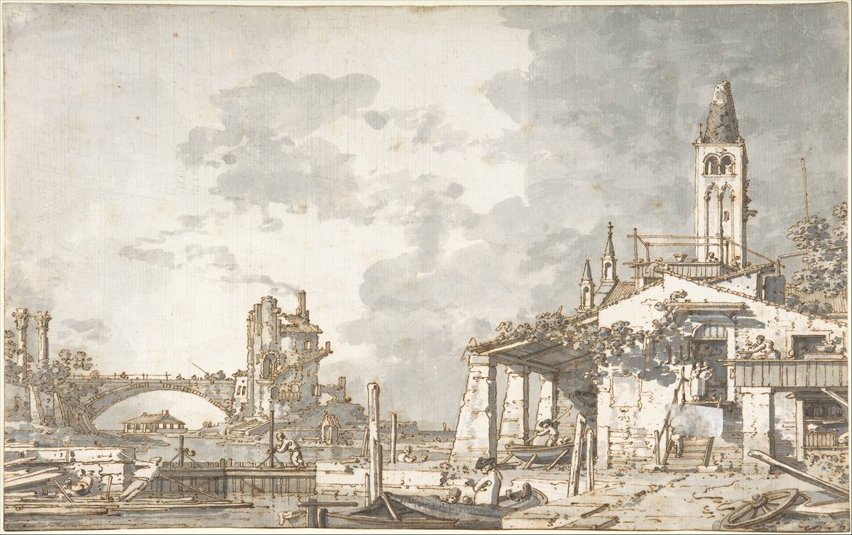 Canaletto: Lagoon Capriccio - Drawing - Pen and brown ink, brush and gray wash, over traces of lead or graphite - Metropolitan Museum of Art, New York