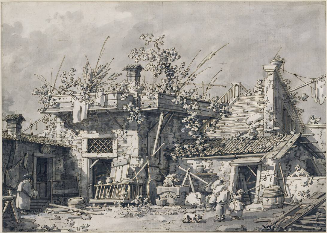 Canaletto: Houses next to a staircase - Drawing - Brown pen and gray brush over preliminary drawing in gray pencil, heightened with a little white - Staatliche Museen zu Berlin