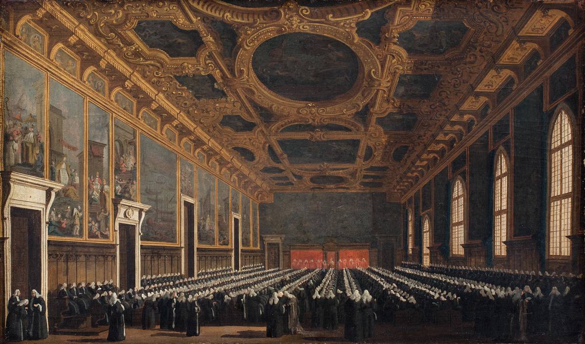 Canaletto: The Doge and Grand Council in Sala del Maggiore Consiglio - Oil on canvas (ca. 1763) - Statens Museum for Kunst, Copenhagen