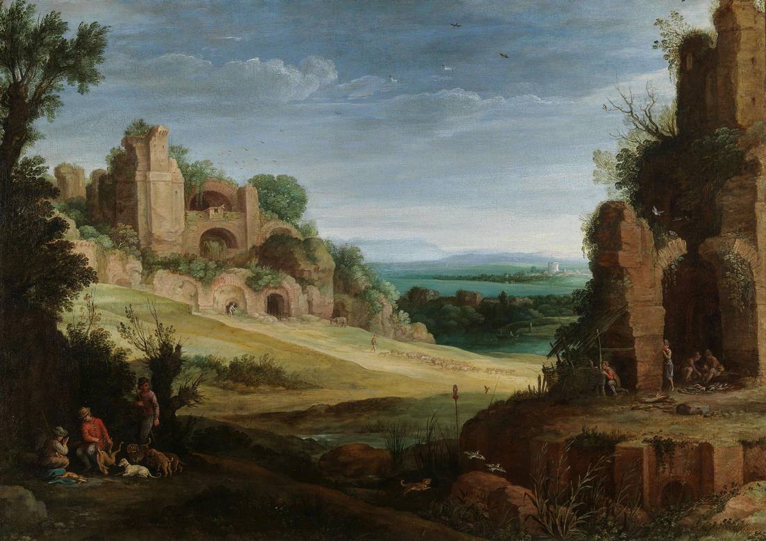 Paul Bril: A rocky landscape with a hunting party near roman ruins - Oil on canvas