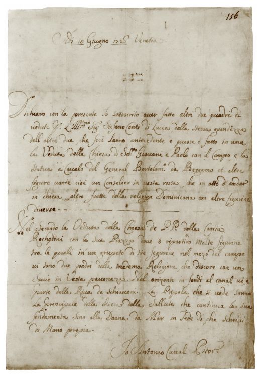 Canaletto:  [June 18, 1726] - Receipt declaring he has made 2 paintings for Stefano Conti, same size as those of the previous year, and providing a detailed description of what is in the paintings