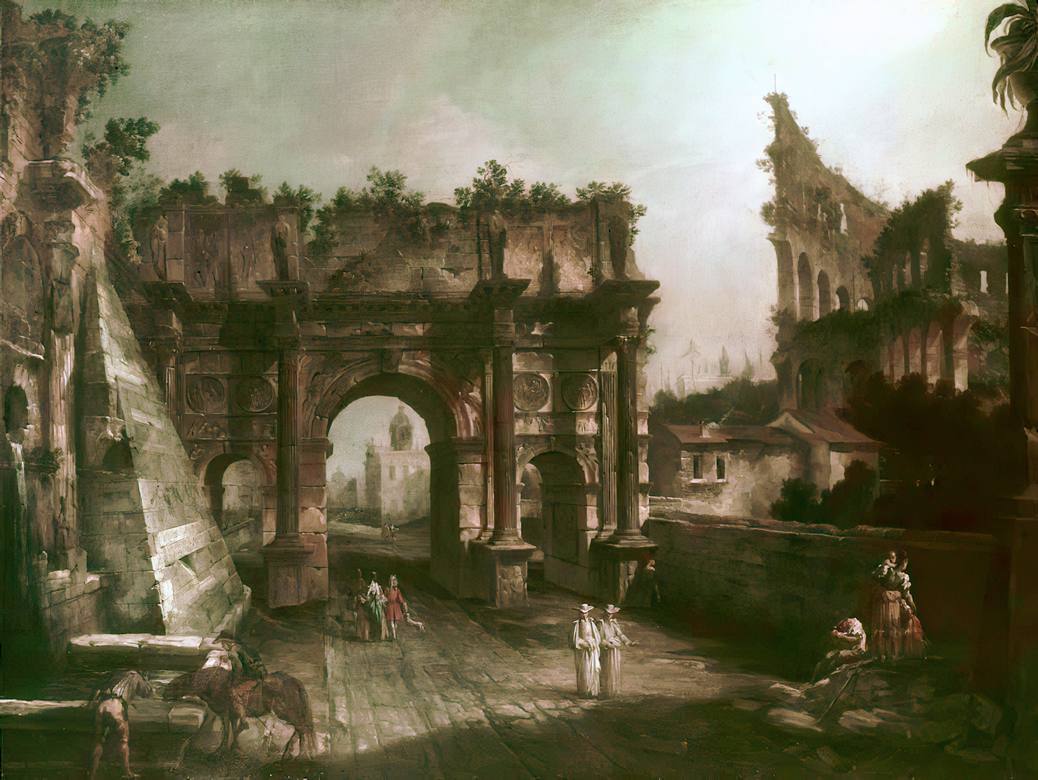 Canaletto:  [ca. 1720-25] - Veduta di fantasia con il Colosseo e l'Arco di Costantino - Oil on canvas - Private Collection B. Bracaglia, New York