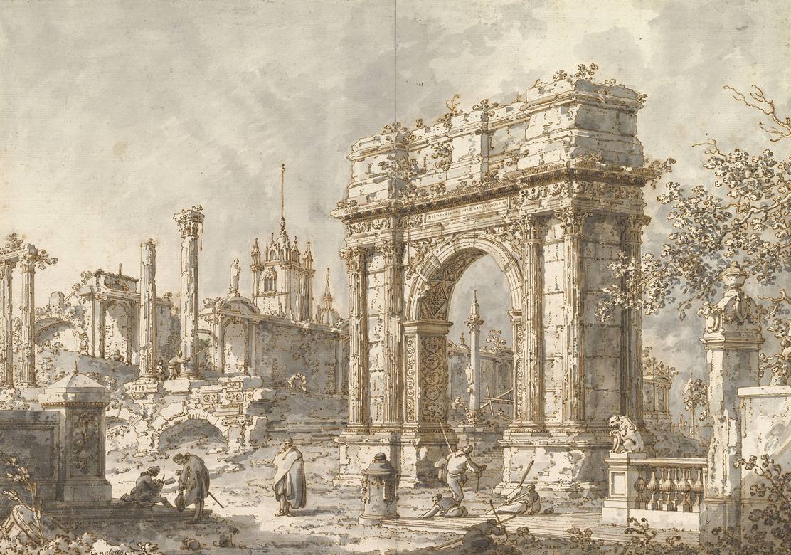 Canaletto:  [1720-30] - Capriccio with a Roman Triumphal Arch - Drawing - Pen and brown ink, brush and gray wash, over traces of leadpoint or graphite - Metropolitan Museum of Art, New York