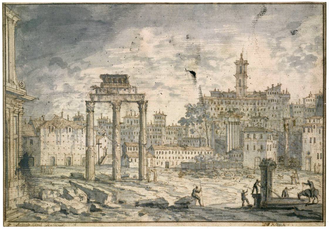 Canaletto:  [ca. 1720] - #4 - Ruins in the Forum looking towards the Capitol - Drawing - Pen and brown ink, with grey wash, over black chalk - British Museum, London - Enhanced version
