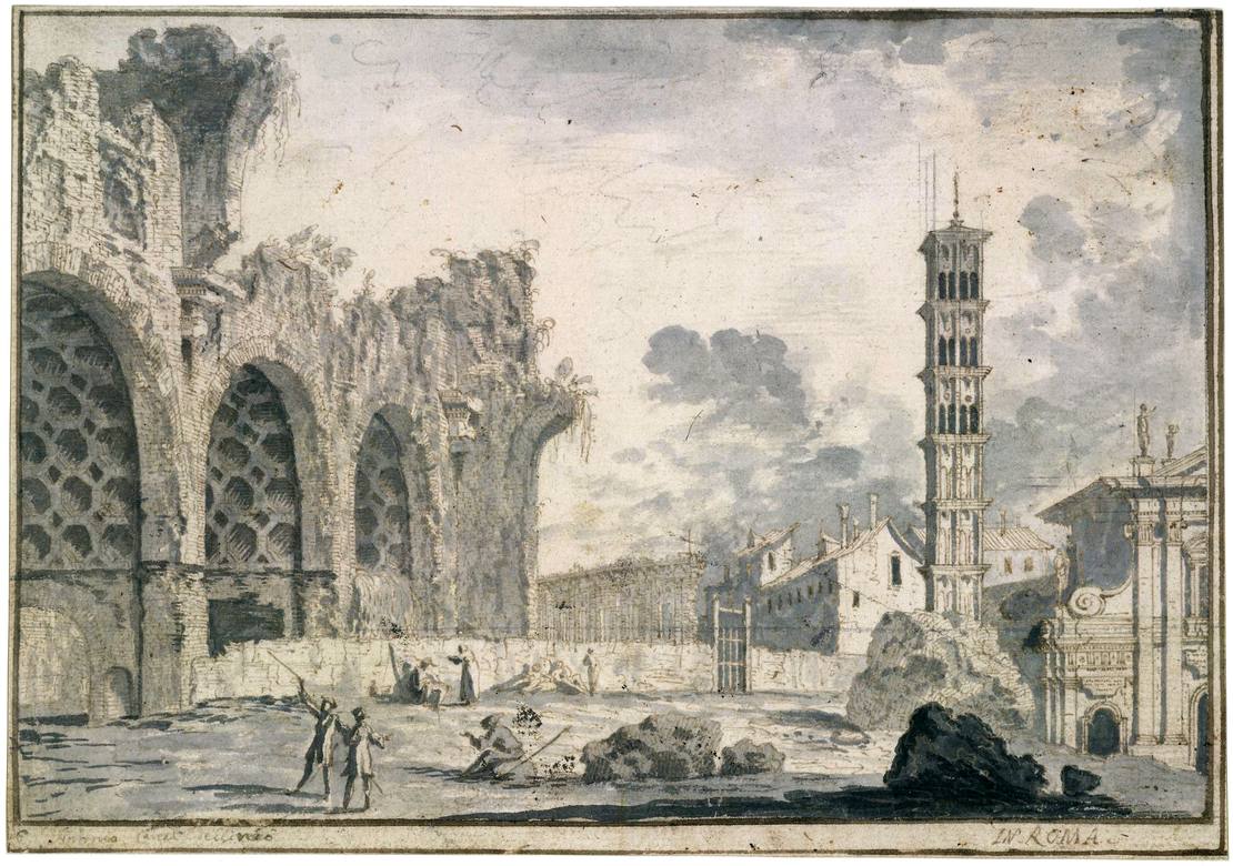 Canaletto:  [ca. 1720] - #6 - View in Rome of the Basilica of Constantine at left and the Basilica of S Francesco Romana at right - Drawing - Pen and brown ink, with grey wash, over black chalk - British Museum, London - Enhanced version