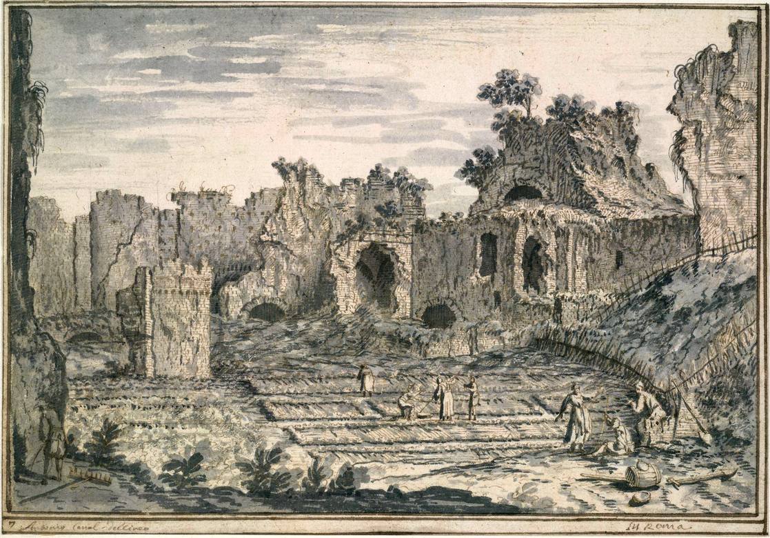 Canaletto:  [ca. 1720] - #7 - The Baths of Caracalla, Rome - Drawing - Pen and brown ink, with grey wash, over black chalk - British Museum, London - Enhanced version