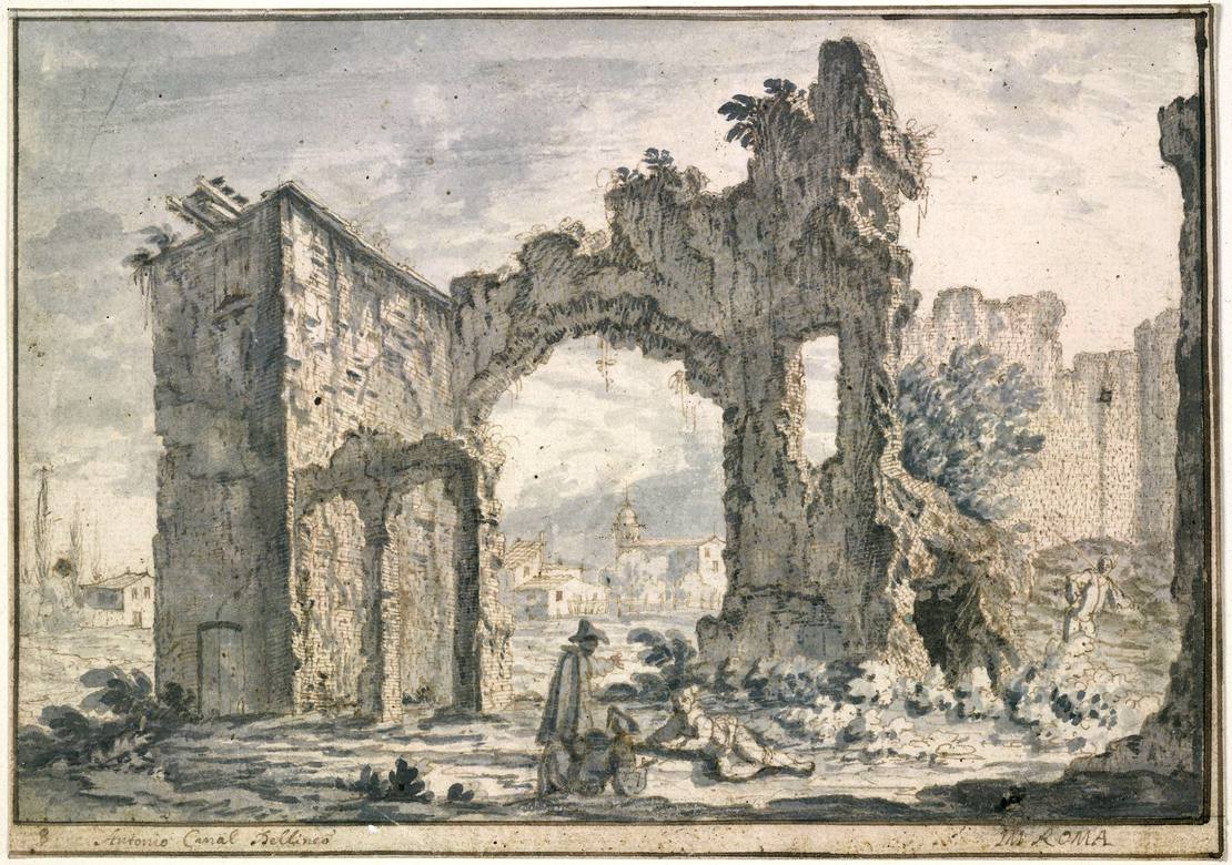 Canaletto:  [ca. 1720] - #8 - The Baths of Caracalla, Rome, with S Cesareo seen through an archway - Drawing - Pen and brown ink, with grey wash, over black chalk - British Museum, London - Enhanced version