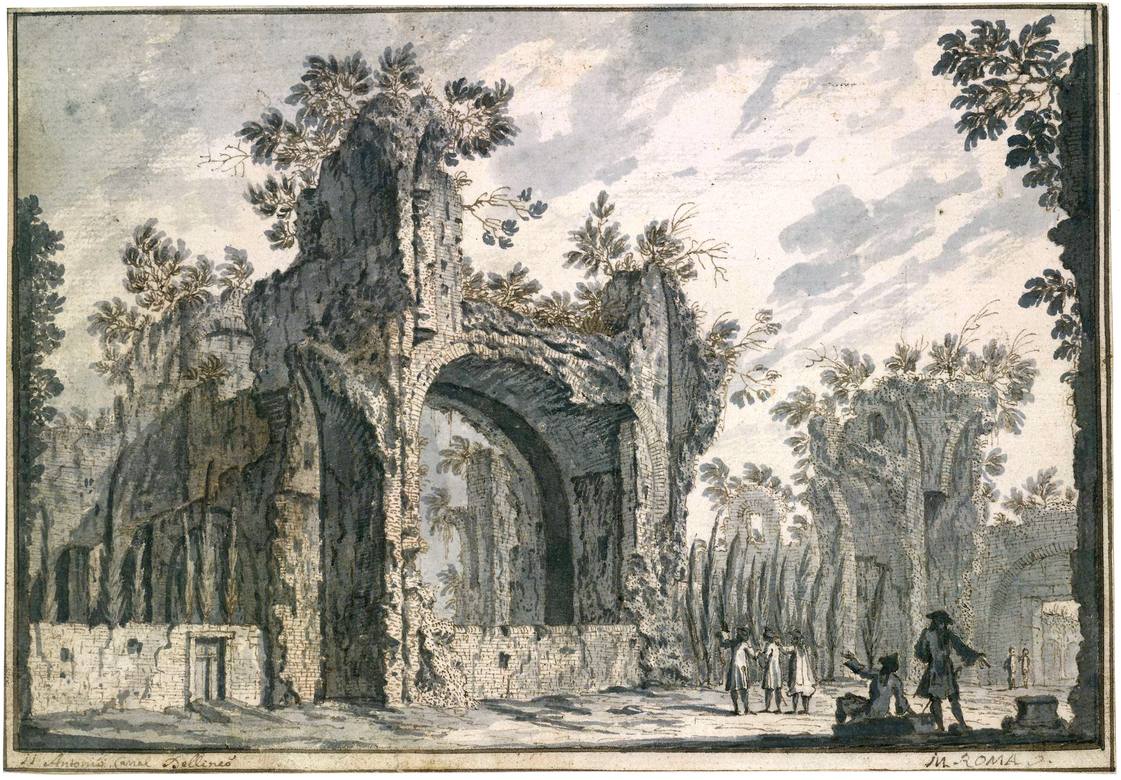 Canaletto:  [ca. 1720] - #11 - The Thermae of Caracalla, Rome - Drawing - Pen and brown ink, with grey wash, over black chalk - British Museum, London - Enhanced version