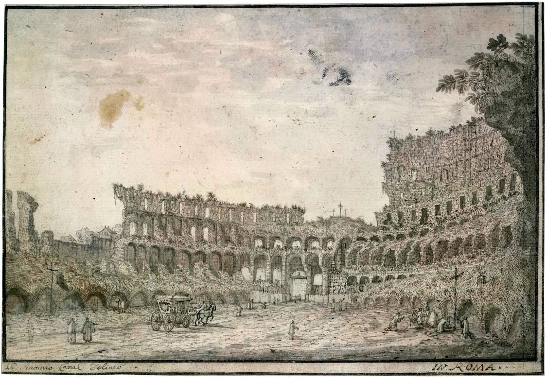 Canaletto:  [ca. 1720] - #16 - Interior of the Colosseum, Rome - Drawing - Pen and brown ink, with grey-brown wash, over black chalk - British Museum, London - Enhanced version