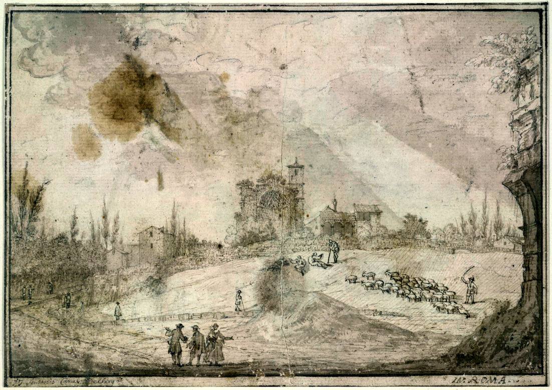 Canaletto:  [ca. 1720] - #17 - The Temple of Venus and Rome, with S Francesca Romana - Drawing - Pen and brown ink, with grey-brown wash, over black chalk - British Museum, London - Enhanced version