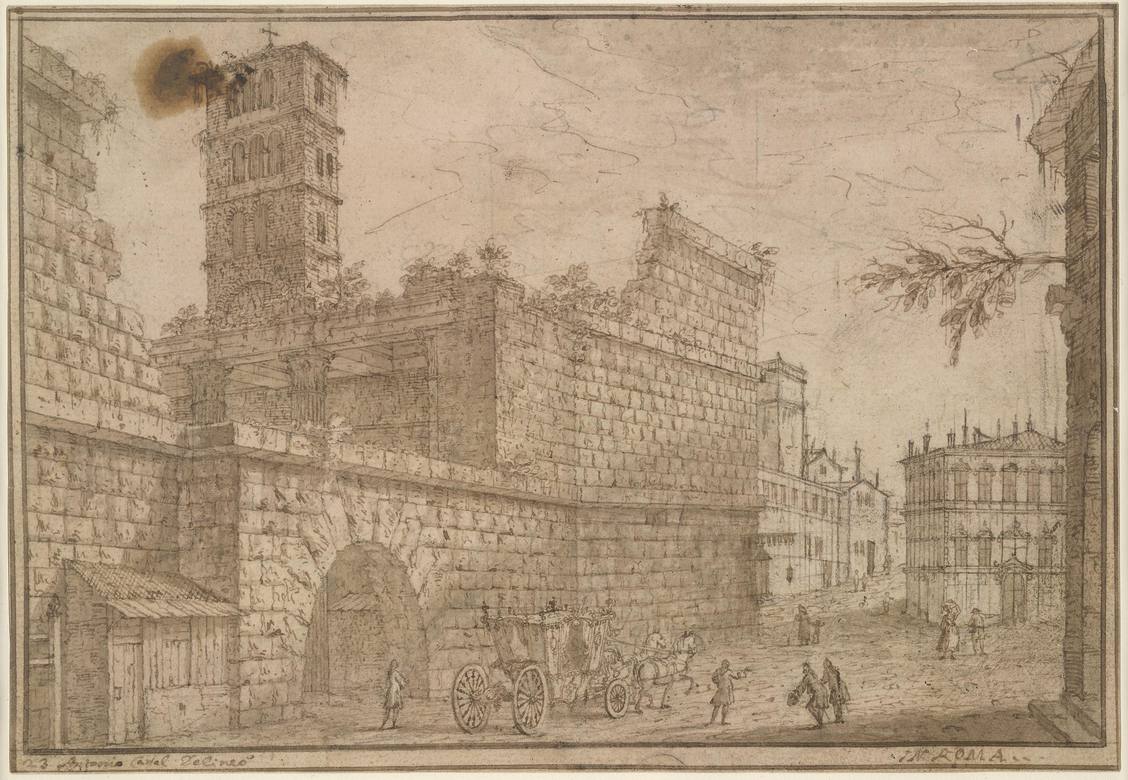 Canaletto:  [ca. 1720] - #23 - A view of the Temple of Mars Ultor, and the Arco dei Pantani, Rome - Drawing - Pen and brown ink, with light brown wash, over black chalk - British Museum, London