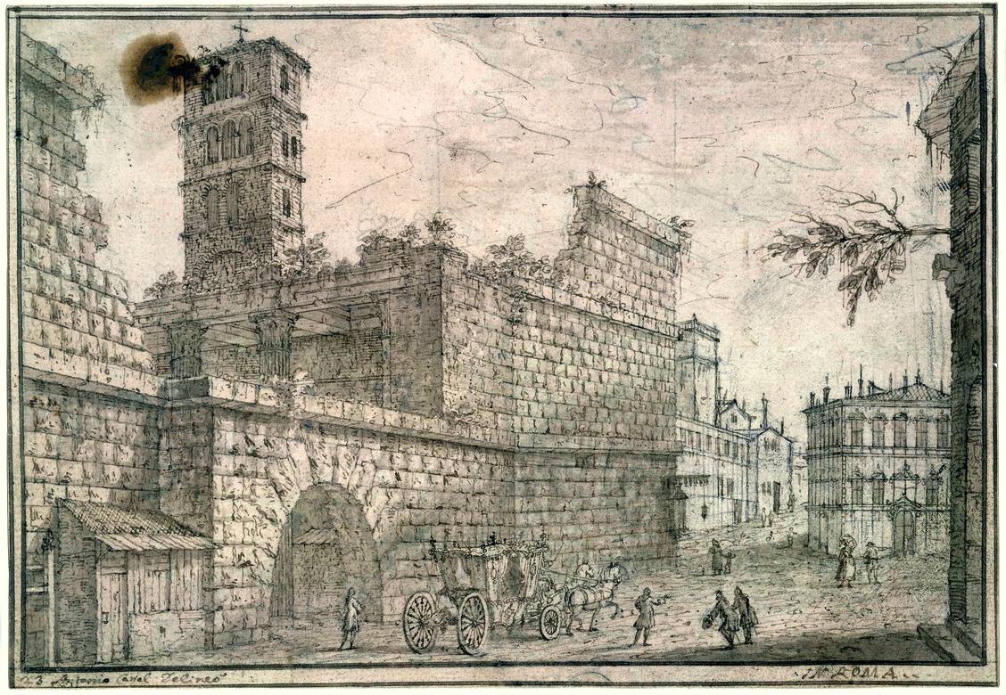 Canaletto:  [ca. 1720] - #23 - A view of the Temple of Mars Ultor, and the Arco dei Pantani, Rome - Drawing - Pen and brown ink, with light brown wash, over black chalk - British Museum, London - Enhanced version