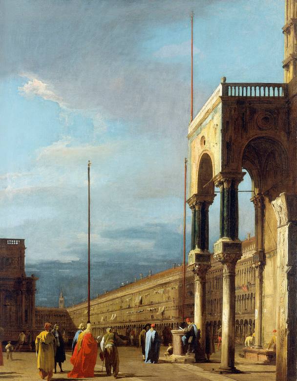 Canaletto:  [ca. 1723-24] - The Piazza looking North-West with the Narthex of San Marco - Oil on canvas - Royal Collection Trust