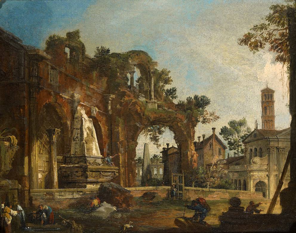 Canaletto:  [ca. 1725-33] - Rome, A Caprice View with Ruins Based on the Forum - Oil on canvas - Royal Collection Trust