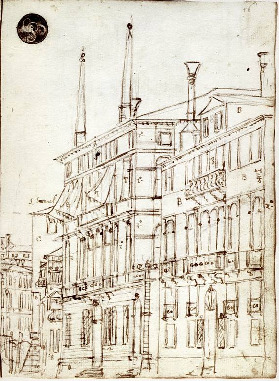Canaletto:  [ca. 1730] - The Grand Canal (Quaderno Cagnola, 16 recto) - Drawing - Pencil, pen and ink - Gallerie dell'Accademia di Venezia