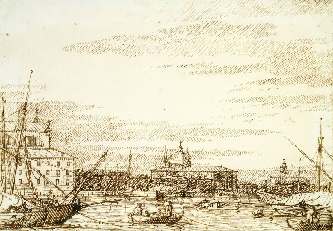 Canaletto:  [ca. 1734] - Venice - The Redentore from the Riva - Drawing - Pen and ink, over free and ruled pencil and pinpointing - Royal Collection Trust, RCIN 907483