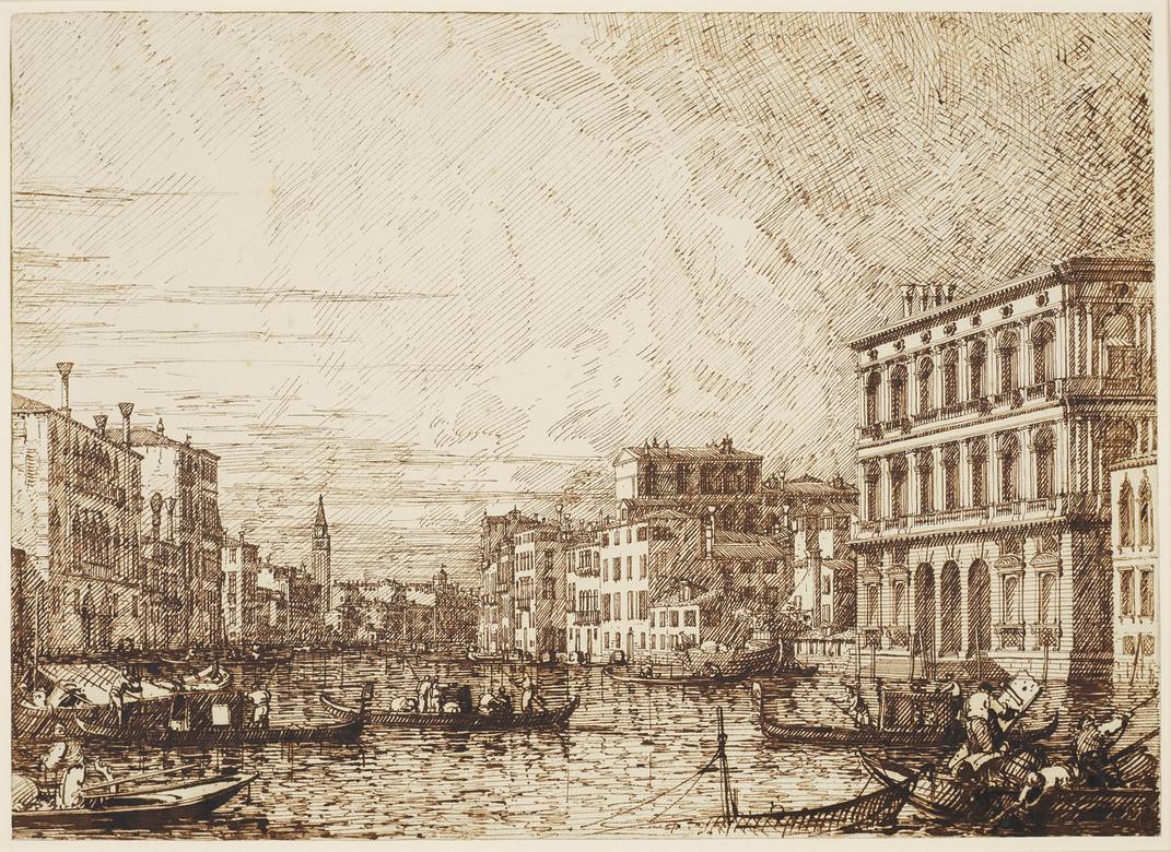 Canaletto:  [ca. 1734] - Venice - The lower reaches of the Grand Canal - Drawing - Pen and ink, over traces of free and ruled pencil and pinpointing - Royal Collection Trust, RCIN 907469