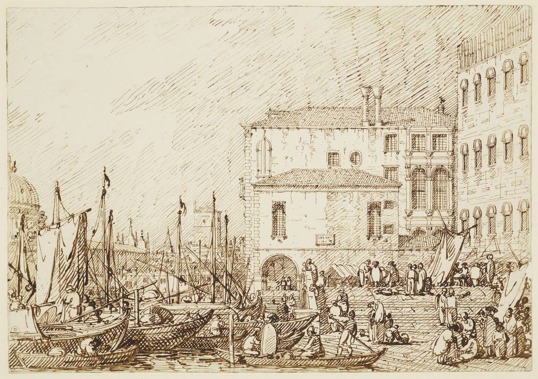 Canaletto:  [ca. 1735-40] - Venice - The Fontegheto della Farina - Drawing - Pen and ink, over a little ruled and free pencil and pinpointing - Royal Collection Trust, RCIN 907464
