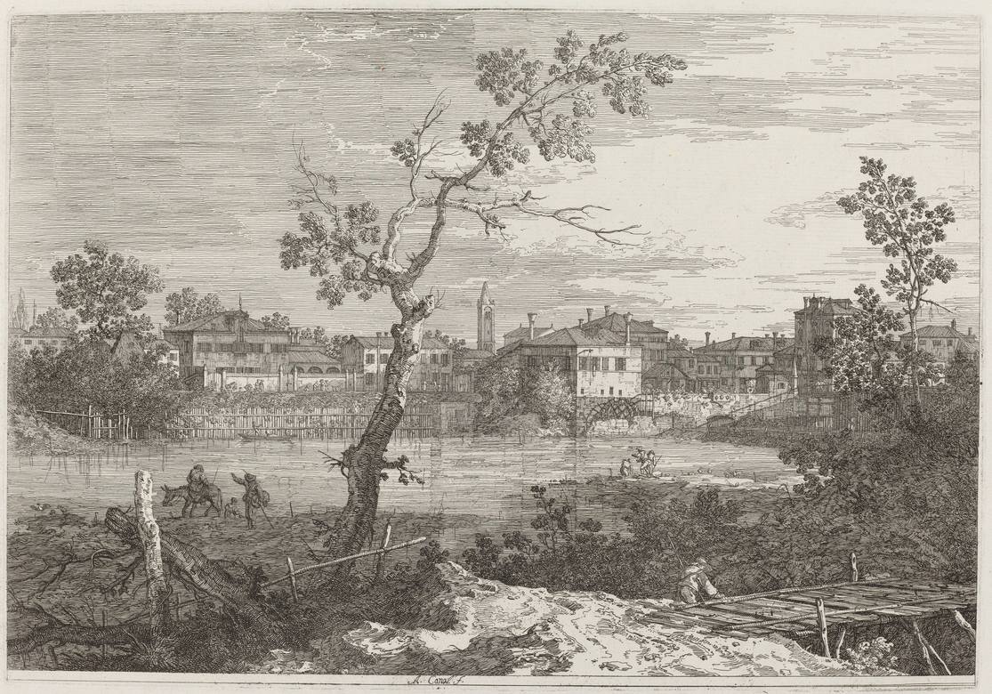 Canaletto:  [ca. 1735-46] - View of a town on a river bank - Etching - National Gallery of Art, Washington, DC