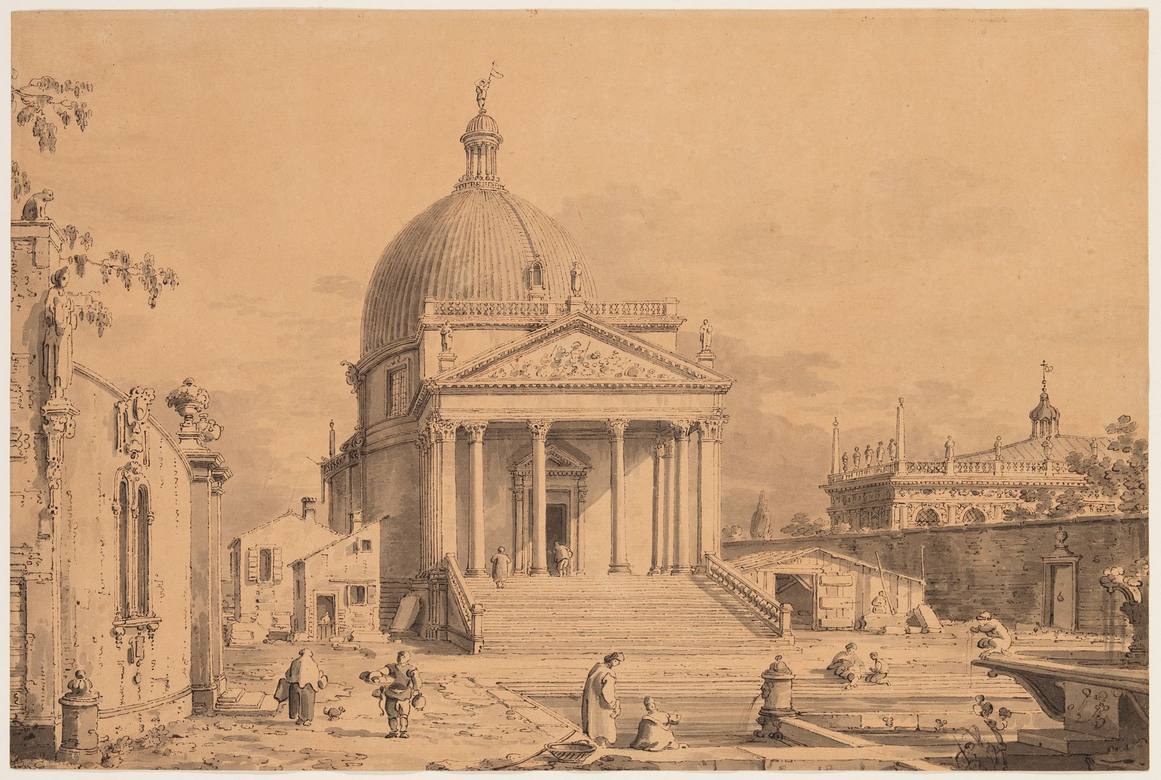 Canaletto:  [ca. 1735] - Veduta Ideata with San Simone Piccolo - Drawing - Pen and brown ink with gray wash over traces of black chalk on yellow antique laid paper - Detroit Institute of Arts