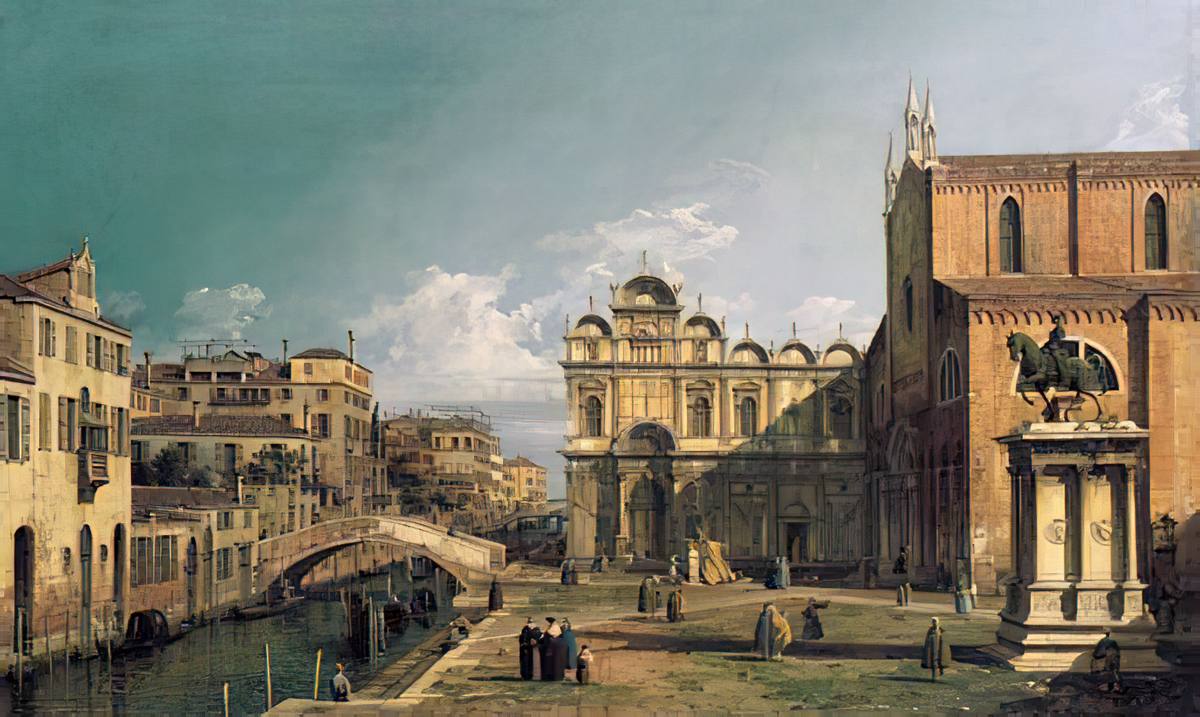 Canaletto:  [ca. 1738-39] - The Campo Santi Giovanni e Paolo, Venice, with the West End of the Church and the Scuola di San Marco - Oil on canvas - Private Collection