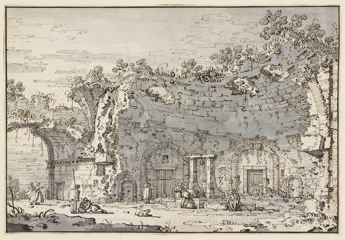Canaletto:  [ca. 1740-60] - Rome - A ruined building with a dome - Drawing - Pen and ink, with bluish-grey wash, over free and ruled pencil and pinpointing - Royal Collection Trust, RCIN 907531