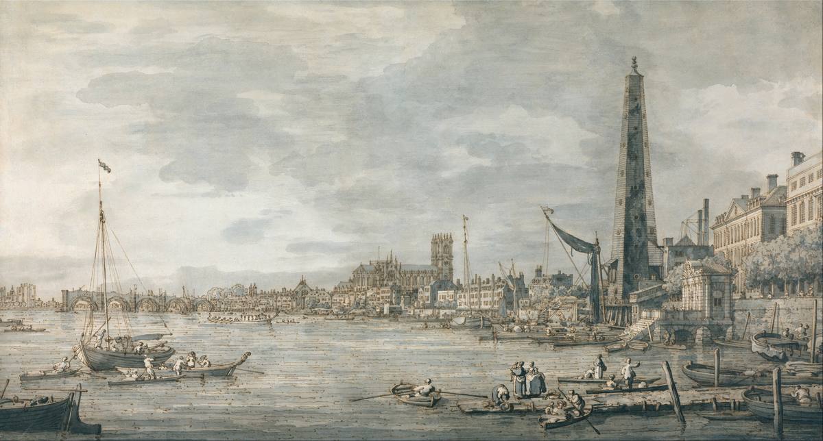 Canaletto:  [1746-47] - The City of Westminster from Near the York Water Gate - Drawing - Pen, brown ink and gray wash on thick, slightly textured, cream laid paper - Yale Center for British Art