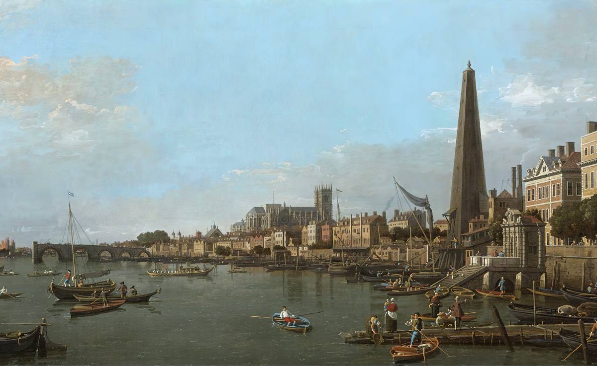 Canaletto:  [1746] - The City of Westminster from River Thames near the York Water Gate - Oil on canvas - Private Collection