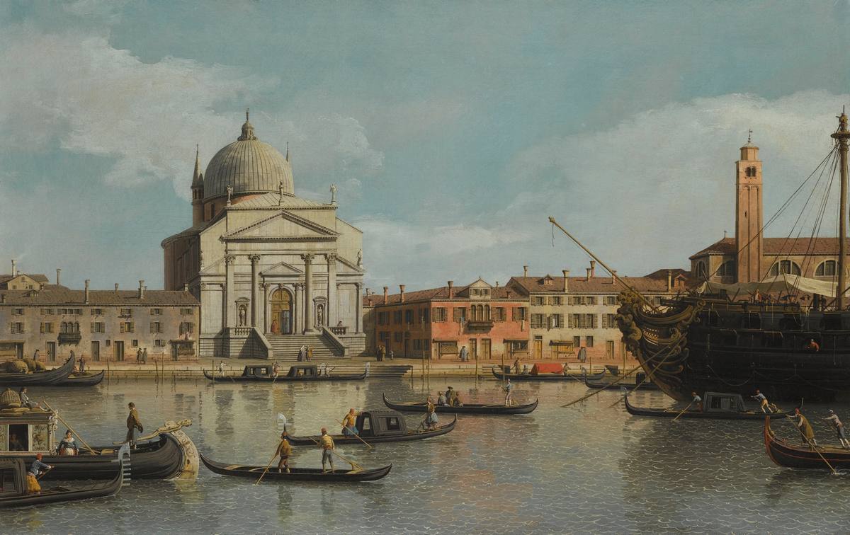 Canaletto:  [1747-55] - Venice, a view of the Churches of the Redentore and San Giacomo, with a moored Man-of-war, Gondolas and Barges - Oil on canvas - Private Collection
