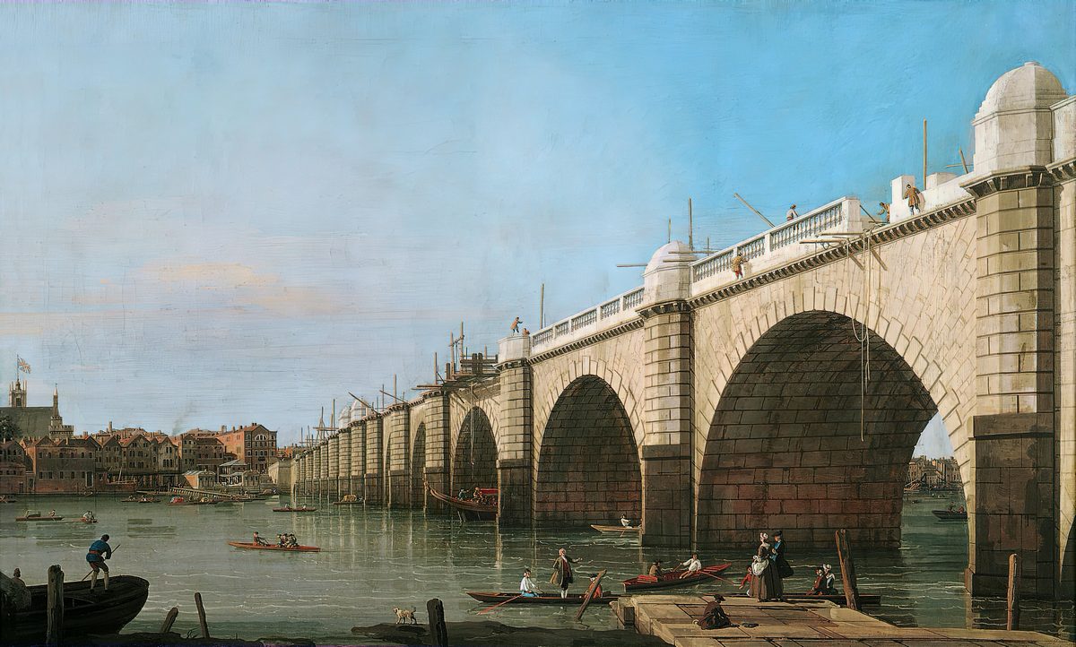 Canaletto:  [1747] - Westminster Bridge Under Construction from the South-East Abutment - Oil on canvas - Private Collection, Duke of Northumberland