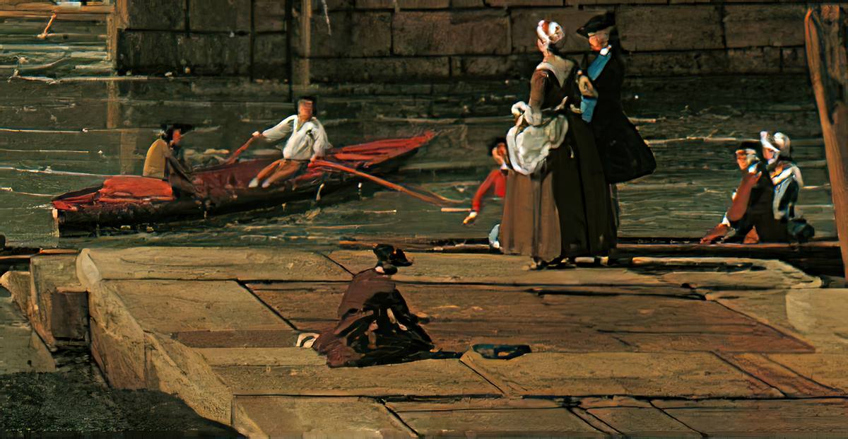 Canaletto:  [1747] - Westminster Bridge Under Construction from the South-East Abutment - Detail with painter?