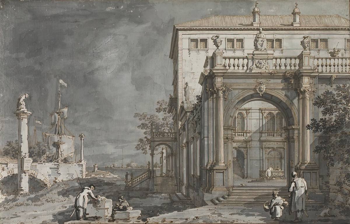 Canaletto:  [ca. 1750-55] - A Palace with a Courtyard by the Lagoon - Drawing - Pen and brown ink and brush and gray and black wash over traces of graphite - The Cleveland Museum of Art