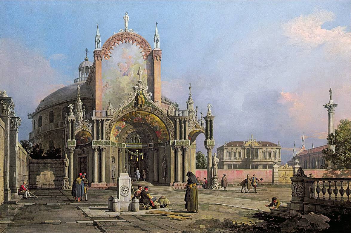Canaletto:  [1753-55] - Capriccio of a Round Church with an Elaborate Gothic Portico in a Piazza, a Palladian Piazza and a Gothic Church Beyond - Oil on canvas - Arundel Castle, Sussex