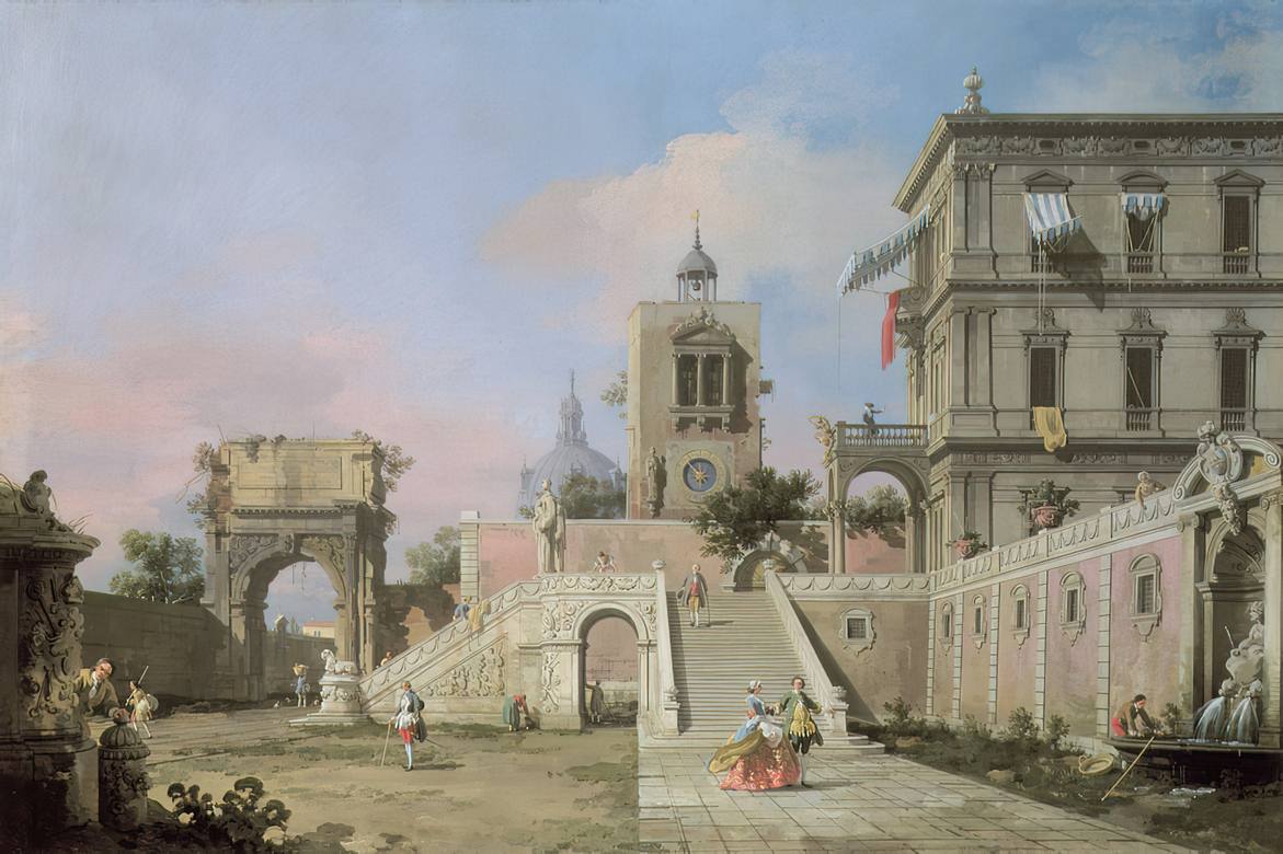 Canaletto:  [ca. 1750] - Capriccio of a Renaissance Palazzo with a monumental Staircase, a Clock Tower and the Arch of Titus beyond - Oil on canvas - Private Collection, Arundel Castle