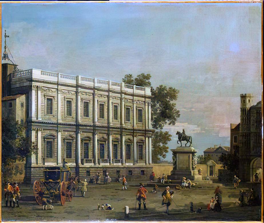Canaletto:  [1754] - View of Banqueting House and Equestrian Statue of King Charles I - Oil on canvas - Private Collection