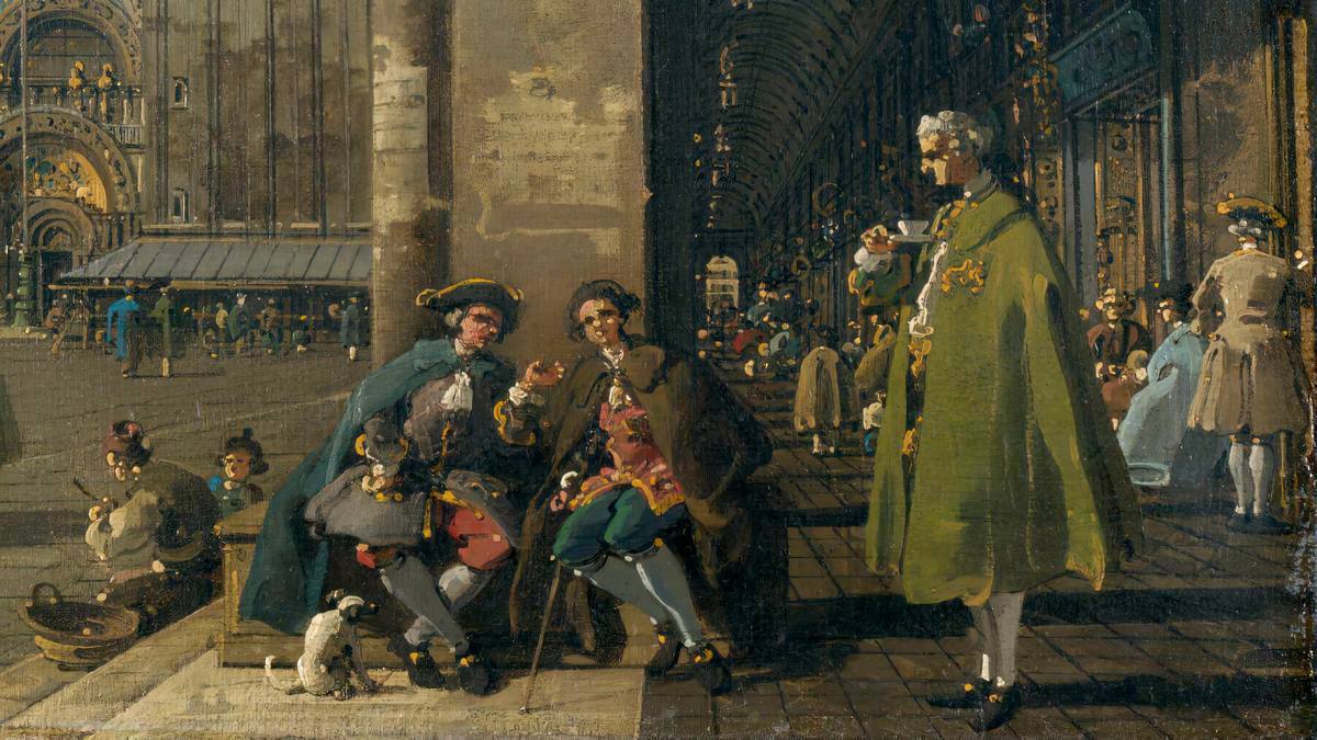 Canaletto:  [ca. 1756] - Procuratie Nuove al Caffè Florian (Venice, Piazza San Marco and the Colonnade of the Procuratie Nuove) - Oil on canvas - National Gallery - Detail