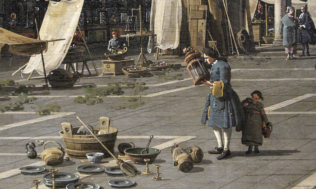 Canaletto:  [1758-63] - The Campo di Rialto - Oil on canvas - Gemäldegalerie, Berlin - Detail