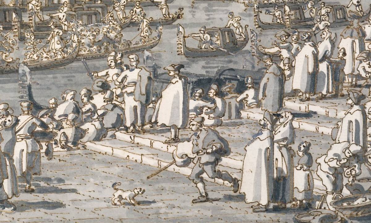Canaletto:  [1763-66] - The Doge departing for the Lido in the Bucintoro on Ascension Day - Drawing - Pen and brown ink and grey wash, heightened with white (oxidised), over black chalk (some of it drawn with a ruler) - British Museum, London - Detail