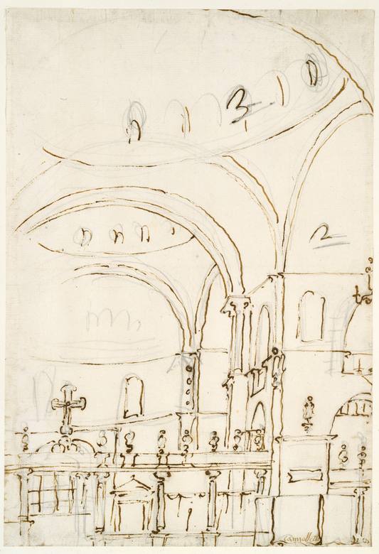 Canaletto:  [ca. 1763-68] - Interior of the Basilica of San Marco, Showing the Crossing and the Choir - Drawing - Pen and brown ink over black chalk - Metropolitan Museum of Art, New York